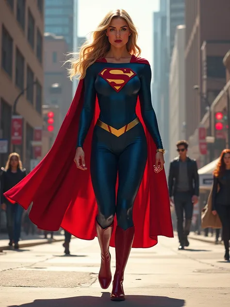 Fat Supergirl walking on the sidewalk