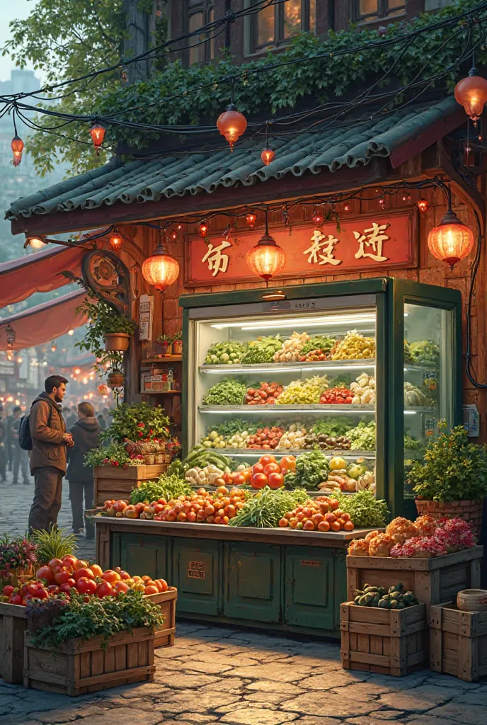 Create a well-packaged vegetable stall with a refrigerator, please show the appearance of the district and some interior.