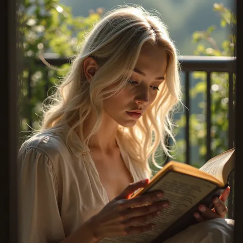 create a photo of a platinum blonde woman with wavy hair, she is holding a book, sitting on a balcony, realistic photography