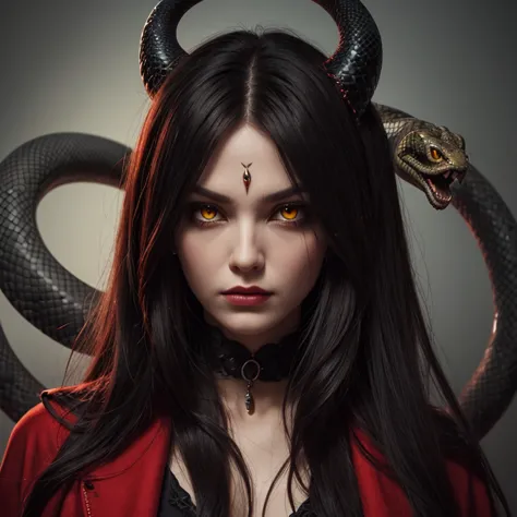 Evil demoness with a head of snake, snakes in her hair, yellow eyes
