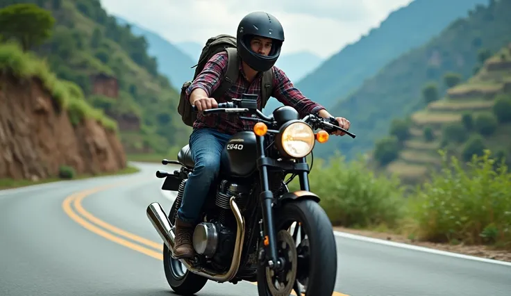 a man wearing a helmet, wearing blue jeans, wearing a plaid shirt , with a backpack launching a black Honda CB400 motorcycle on a mountain road with terraces on one side of the mountain, full HD size