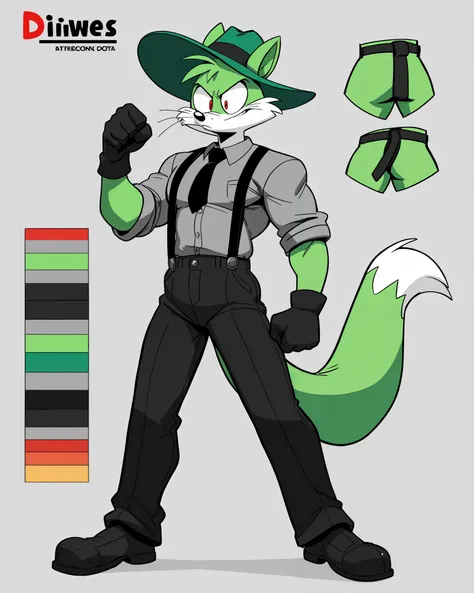 A full body view of Retox the Fox, as a villain, has a distinctive and stylish appearance that combines classic villainous elements with anthropomorphic features. Here are the key details:
- **Fur Color:** Green fur with darker green accents on the arms a...