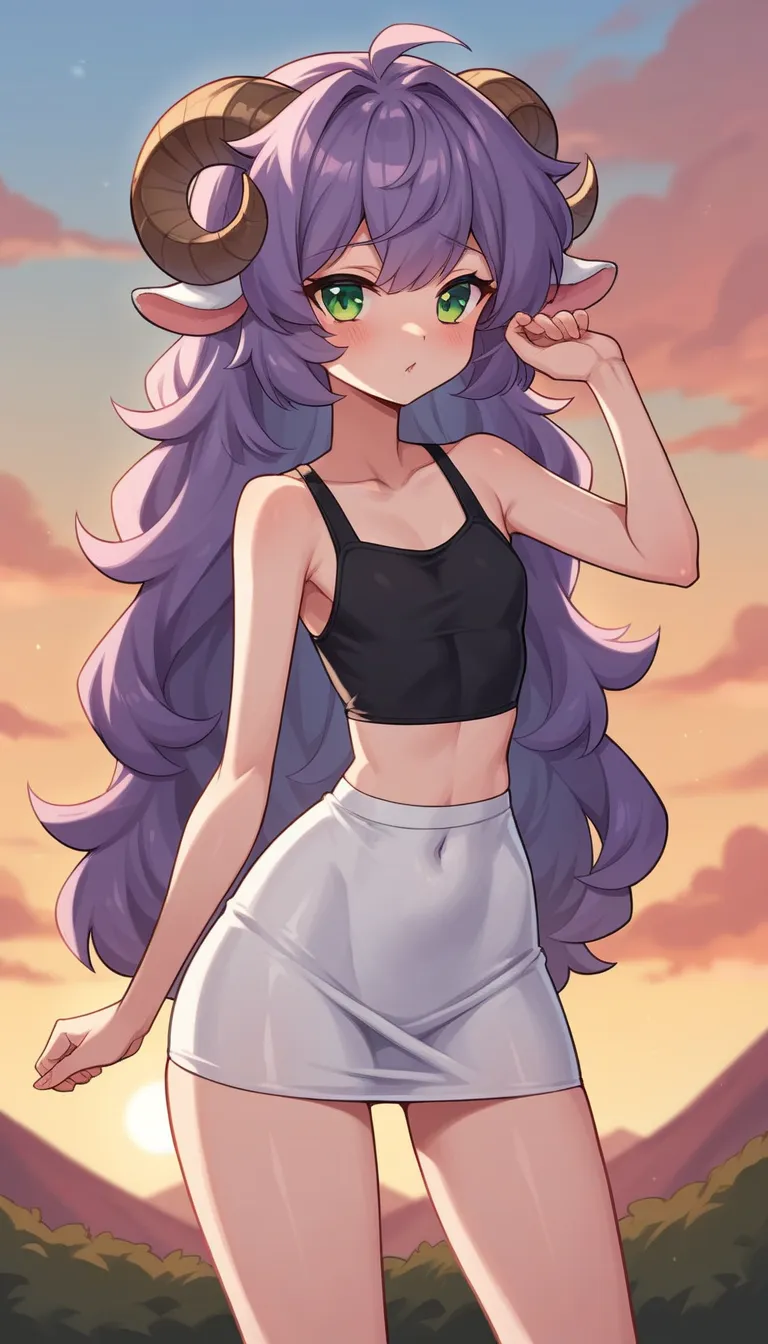  adult ram,  better quality  , lamb ears  ,  sheep horns ,   Very detailed illustration , ( Anthropomorphic guy:1,7),  Light skin ,  purple hair,  green eyes, (19 years old)  disheveled fluffy hair ,  seductive look ,  ideal body,  thin waist,   wide hips ...