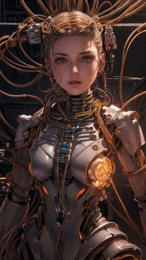 (((masterpiece))), ((best quality)), ((super detailed)), (CG illustration), (Very cunning and beautiful)),  cinematic lights , (( 1 mechanical girl in a European castle)),  single, full, ( machined joints : 1.4), ((Mechanical Limbs)), (  Blood vessels atta...