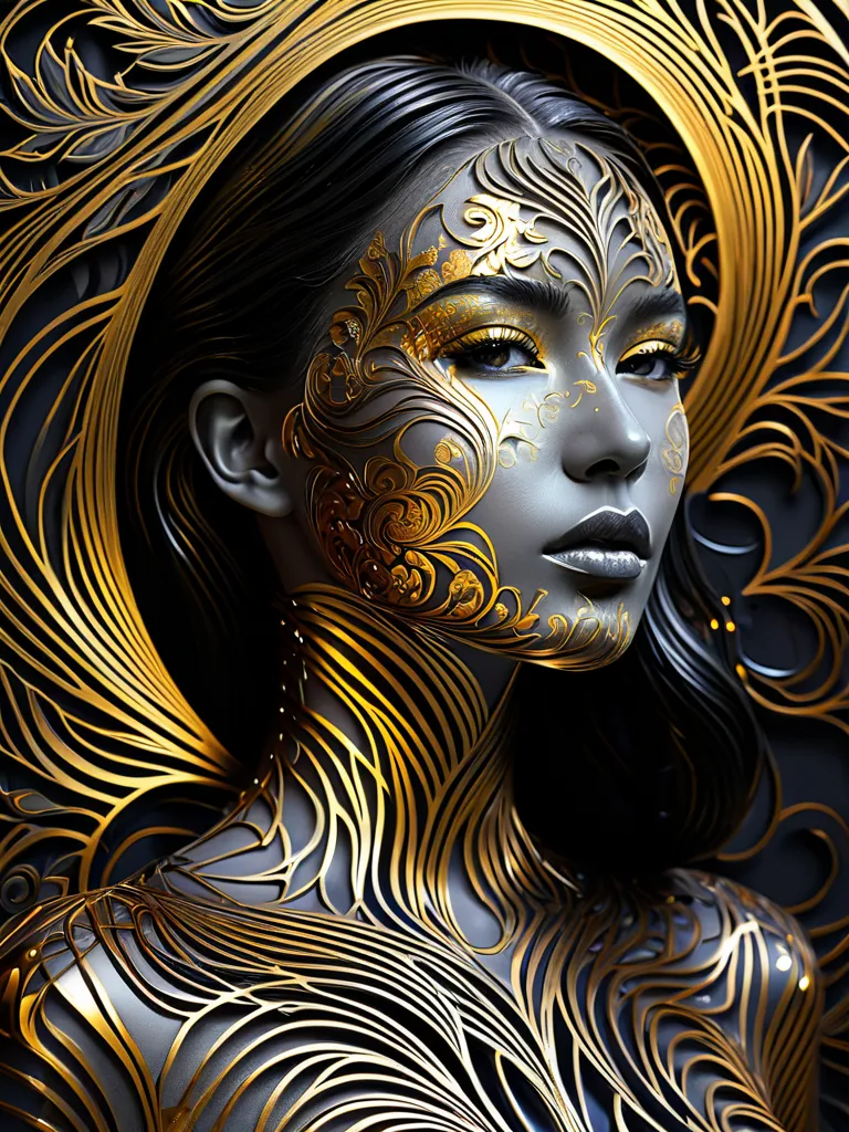 surealist Nouveau art potrait, head to shoulder, Female in crafted steel reveals the hollow empty space inside from carving and engraving, the piercing engraving shows the empty space inside, see through patterns at background, Medium shot potrait of a man...