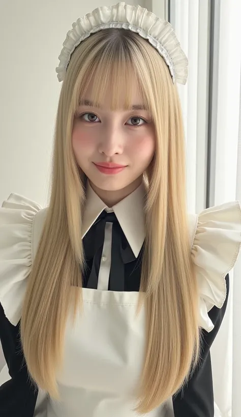  Silky Smooth Hair 、blonde long hair、hairstyle is straight、long hair that reaches the chest、、maid clothes