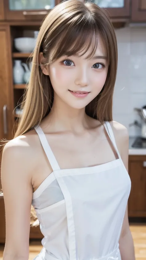 light hair,Sexy Apron,young beautiful girl,super slender body,Correct human body,detailed eyes,detailed face,beautiful face,cute face,beautiful skin,Eyes of the same size left and right,droopy eyes,embarrassing smile,highest resolution,Best Quality,masterp...