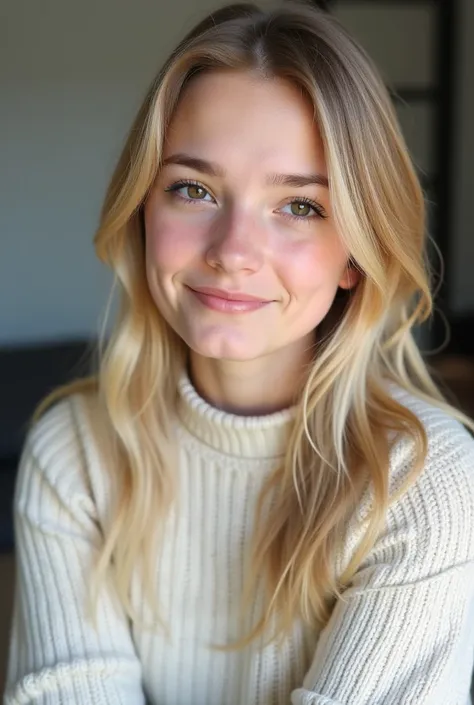  picture of a girl around 29 years old who looks younger than her age. She has blonde, long straight hair . She has deep, dark brown eyes. Her skin is a little pale. She is wearing a white knitted sweater. She has a shy smile on her face. She no has blush ...