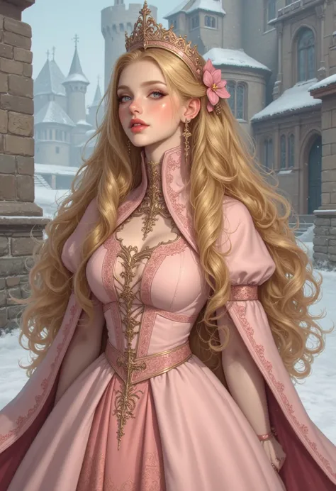 high profile, Digital illustration of a girl in a princess dress, very realistically created,  realistic photo style ,  The character is a pale white woman, , long, big golden yellow hair that popped out from underneath the pale pink princess dress., She h...