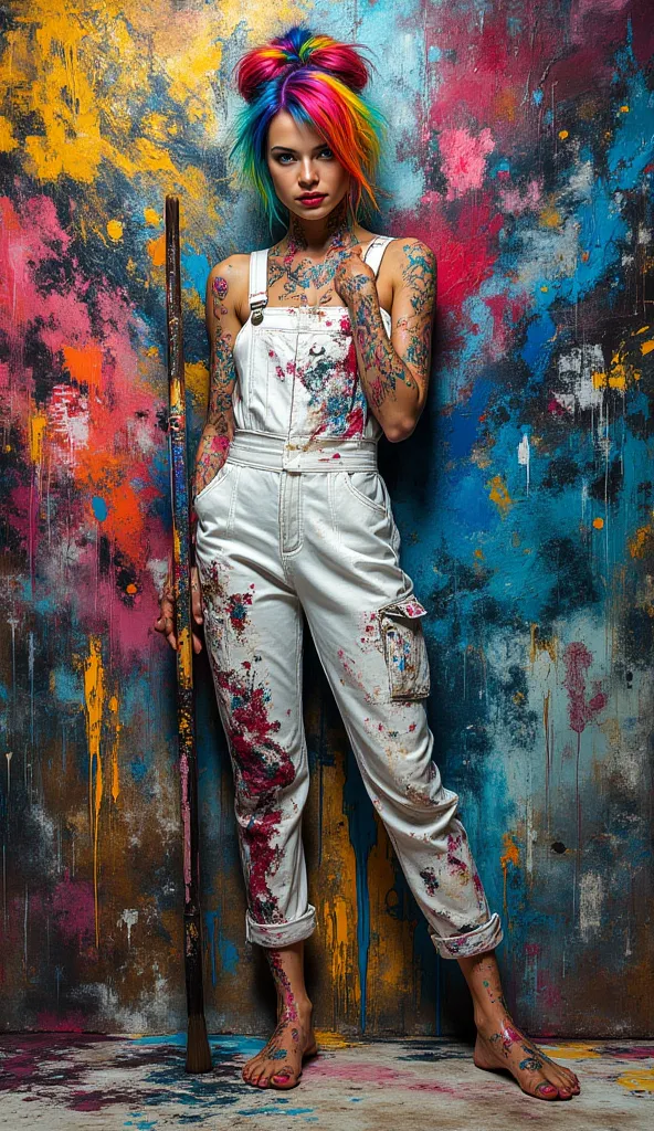 A stunning young woman with very long hair in a bun, rainbow-colored hair, wearing a white overalls stained with ink and sweat, cleavage, her full body covered in ink, holding a large brush, detailed brush, barefoot, intricate patten ground, hyper realisti...