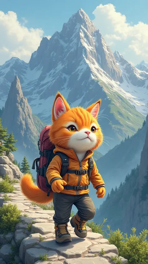 Make a picture of oyen cat and the theme is climbing a mountain, complete with his backpack, jacket shoes and trousers, picture taken from the side