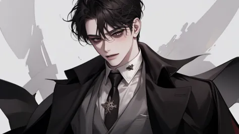 male, solo, adult, pale_skin, fair_skin, muscular, tall,black hair, No decoration, (swept bangs), loose shirt, (Three-Piece Suit), black eyes, tsurime, sanpaku, slanted_eyes, formal_dress, long_coat, illustration, upper_body, front view, white_background, ...