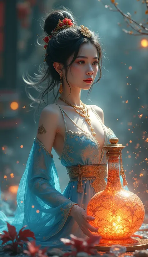 A beautiful magical and mythical female genie in a colorful oriental bottle, background magical and mytical oriental