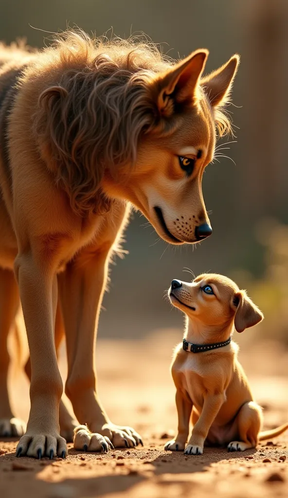 The stray dog, dirty and with sad eyes, he looks with hope at a girl with curly hair who bends down to offer him some bread. His expression changes from fear to curiosity and hope. Background with warm tones.