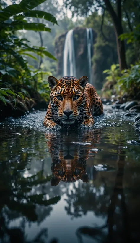 (best quality, 128k,highres,masterpiece:1.2),ultra-detailed,(realistic,photorealistic,photo-realistic:1.37), ((masterpiece)) ((photography)) ((Highest quality)) Ultra-realistic, a majestic jaguar slowly advancing through a shallow river in a lush jungle. I...