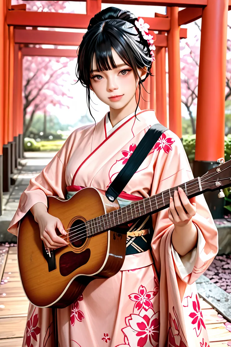 A beautiful young Japanese woman standing and playing an acoustic guitar, wearing a traditional silk kimono with delicate cherry blossom patterns, tied with an elegant obi sash. Her black hair is styled in a graceful updo with floral hairpins. She looks di...