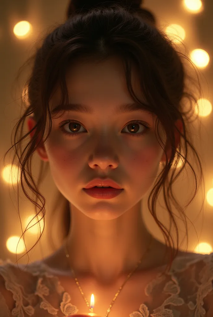 "A highly detailed, surreal photorealistic portrait. A young and beautiful girl poses with a gentle and natural expression in a magical setting. Her eyes are deep and expressive, her skin is smooth and the light reflections are perfectly adjusted. The lumi...