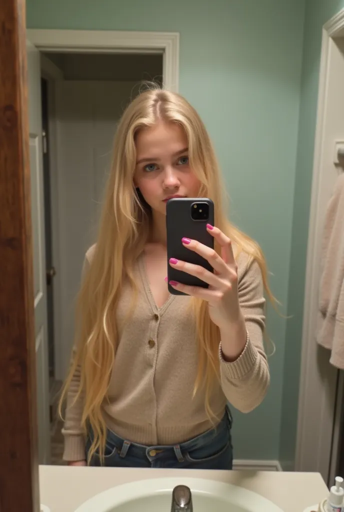 15  years old age girl taking a selfi in a bathroom mirror she has long blonde hair blue eyes and you cant see her face from the phone she has a good iphone  it for a profile pictier for instagram make the body visable too 