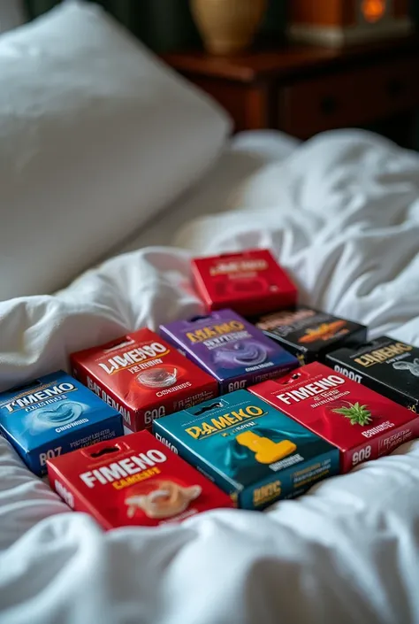 Photo of a bed with 11 packs of condoms from various brands 