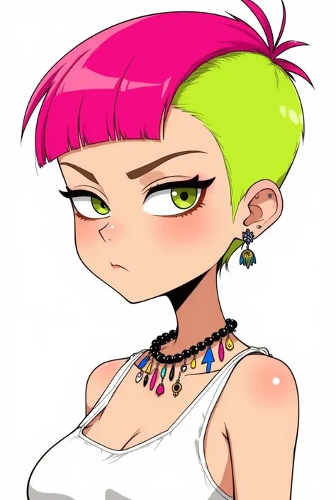  cartoon. a young woman with a very short and stylish haircut. The hair is divided into two halves, one half is hot pink and the other half is lime green. The ends of her hair are raised upwards, creating an extravagant and modern look. She has short bangs...