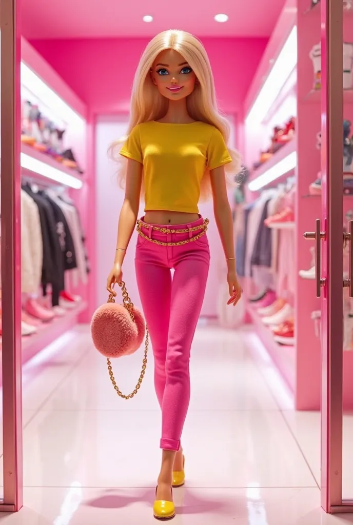 Realistic image of Barbie in pink pants and yellow T-shirt, yellow block heel sandal, pink round plush bag with gold chain strap, at Shopping Pink entering a pink and white sneaker store