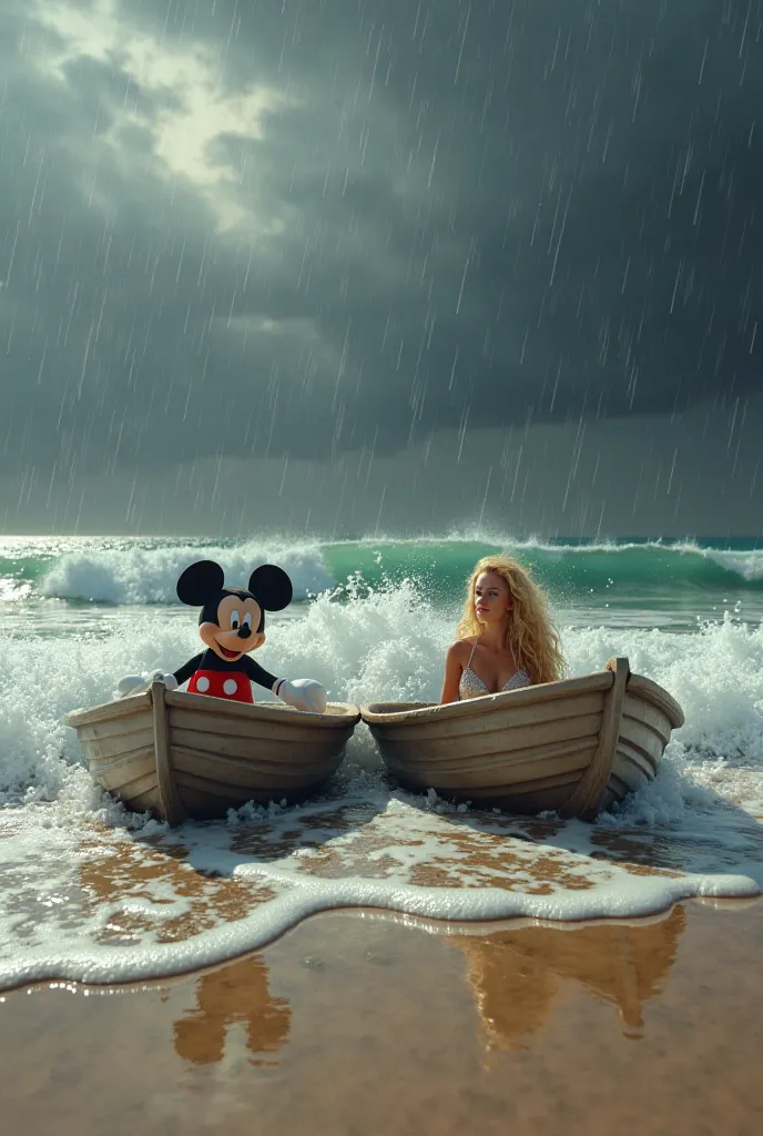 landscape. morning. sea, wave roll, 2 boats on the sandy shore. Mickey Mouse in the same boat, to another Britney Spears. it&#39;s raining, storm