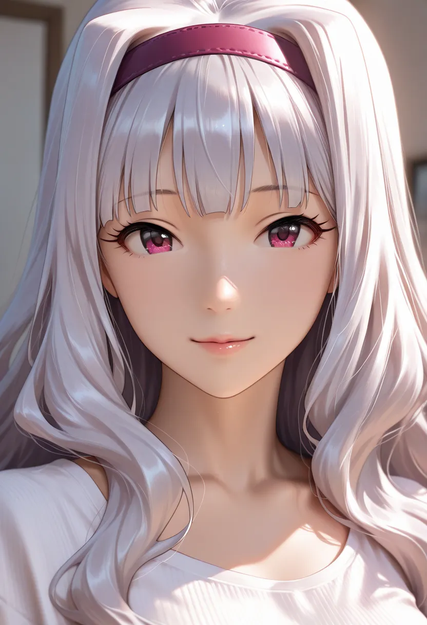 masterpiece, best quality, vibrant, very aesthetic, high contrast, photorealistic portrait,beautiful detailed face,detailed texture,detailed skin, newest, 1girl,Idolmaster ,source_Idolmaster ,shijou takane,shirt,room
