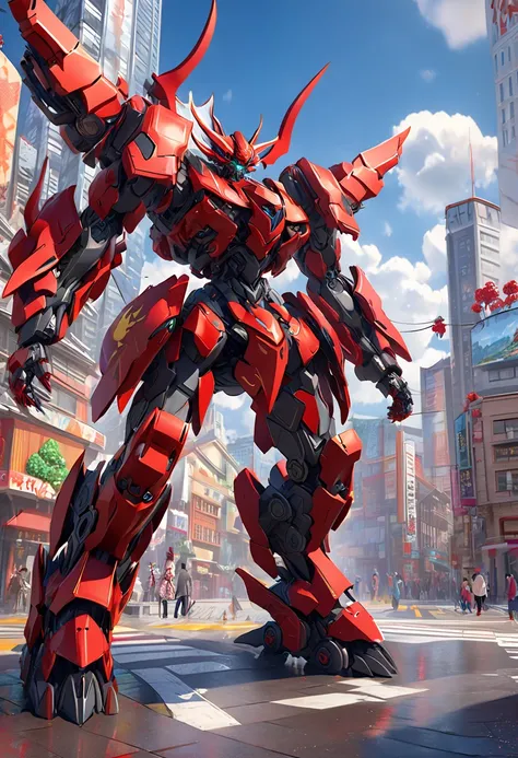 (Demon God Mech,  3d rendering ), Background City Center , Clear HD,  8k resolution for kindergarten ren, very well detailed,  digital painting , concept art,  Shinkai Makifu ,  ularization trend, ,  trend on pixiv.