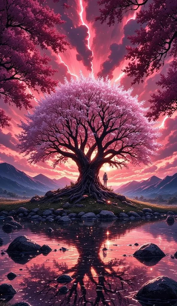 
"Create a breathtaking, surreal image of a nighttime landscape, featuring a massive, black tree that seems to stretch up to the heavens. The sky above is a vibrant, reddish-pink color, with swirling, cloud-like patterns. A flock of