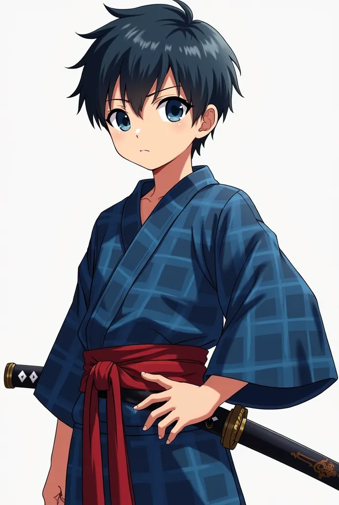 1 boy,  Anime style,  Blue checkered kimono, Red kimono belt,  katana , scabbed on her belt, Looks at the viewer, short hair, blue eyes.