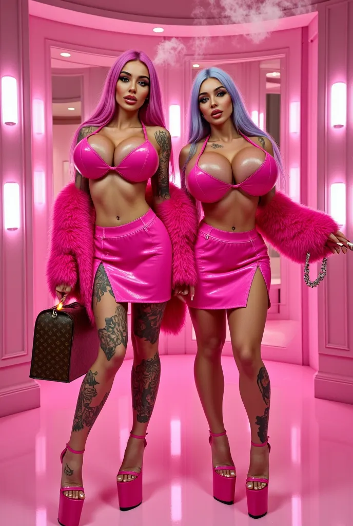 the 2 fakest botox bimbodolls, slutty fake smoking bimbodolls, many tattoos, very long curly hair extensions, crazy colored curly hair, fully clothed,very high platform heels, only fur and latex, standing and smoking cigarette, slutty pornstars, pink latex...