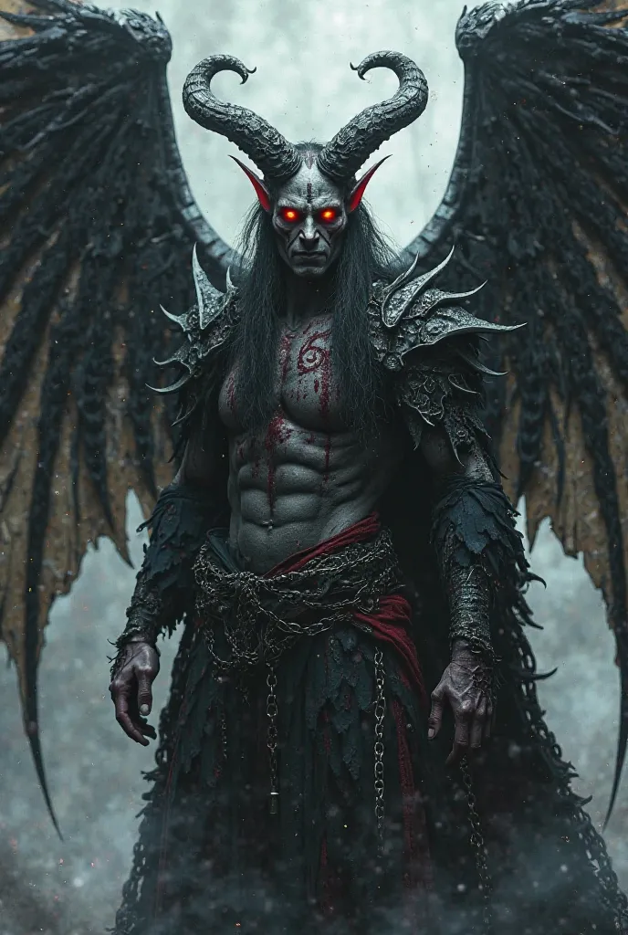 4. Wings of Metal and Thorns

"A dark elven-looking entity, with medieval features and grayish skin, covered in battle scars.  His red eyes shine brightly , and his calloused hands hold hidden symbols. His wings are made of black metallic blades, linked by...