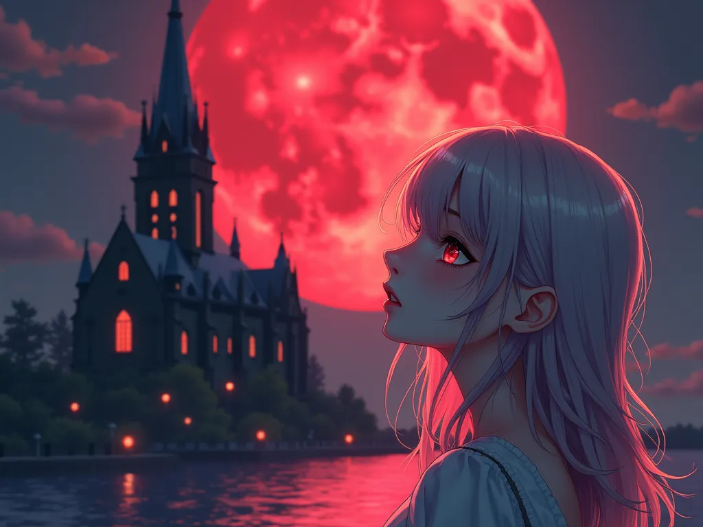 red moon, anime girl,  With the church in the background