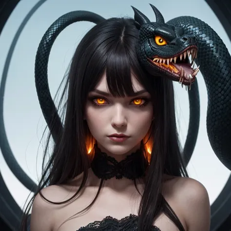 Evil demoness with a head of snake, snakes in her hair, yellow eyes
