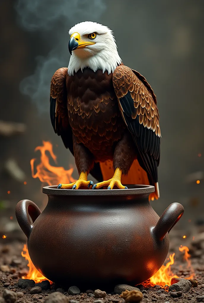 An eagle in a pot with a fire