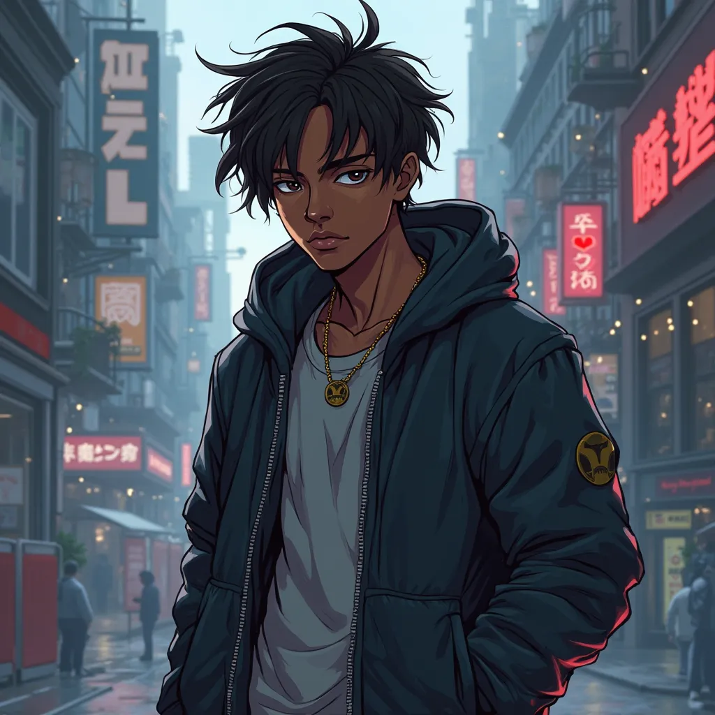 Create a digital painting of a 17-year-old black male character with dark brown skin and short dreadlocks. He has a confident and determined expression, embodying the essence of a protagonist. He is dressed in urban style clothing, wearing a stylish hooded...