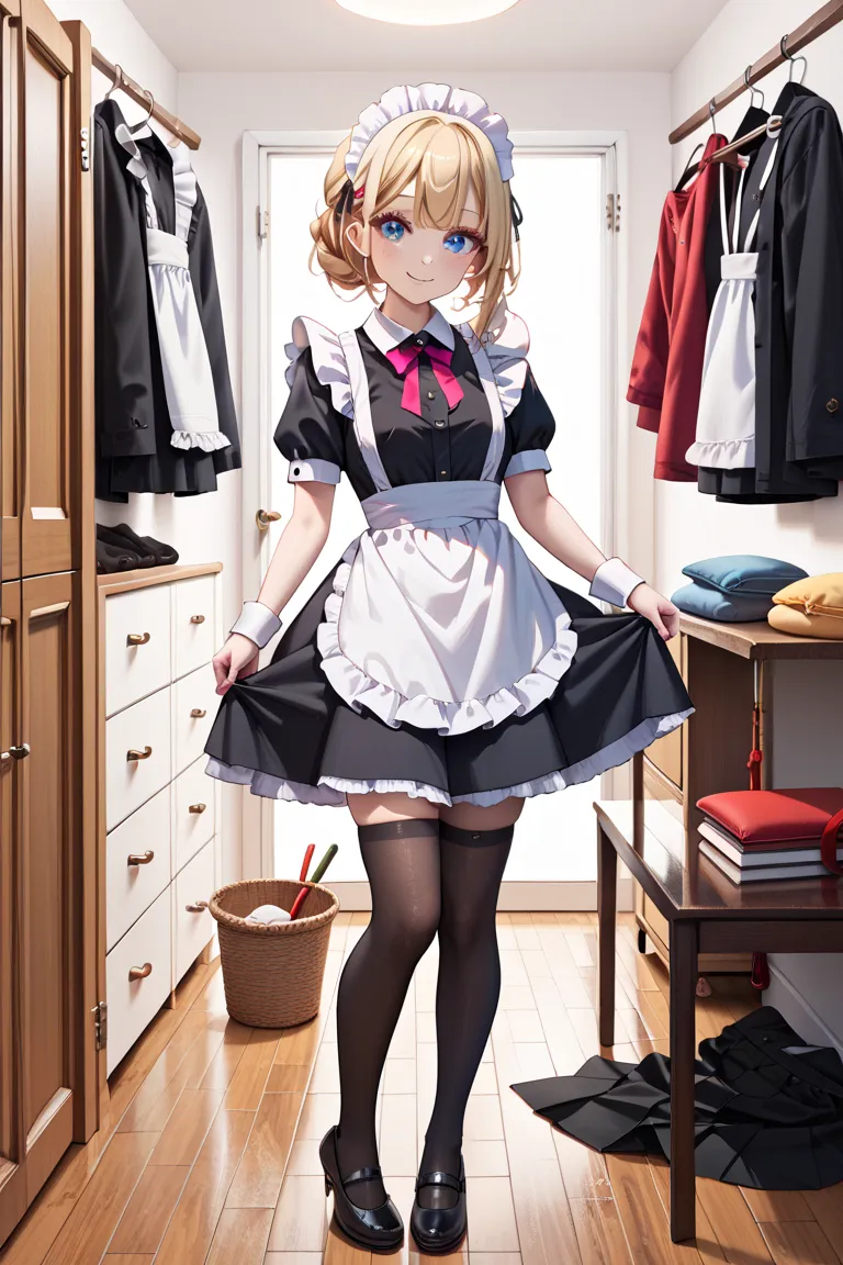 masterpiece, best quality, delicate illustration, newest, very aesthetic, sharp focus, nsfw,
a girl with a red slave collar, blond hair, pull down black pantyhose, 
(((maid wear, black skirt, white apron, black knee-high stockings))), 
soft smile, beautifu...