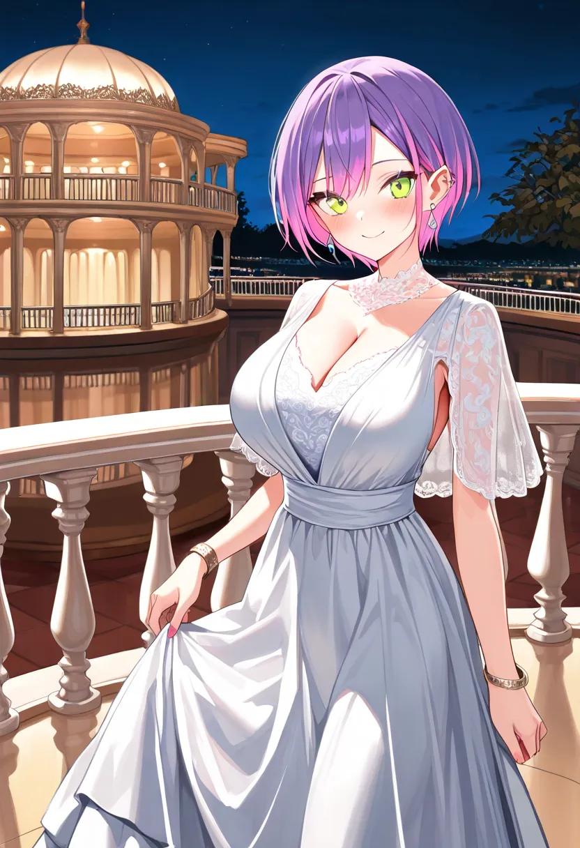 (Best Quality , 8k , masterpiece , incredibly absurdres , perfect body , super detailed skin , highly detailed eyes and face , 1 woman ) , tokoyami towa , purple Hair , Green eyes , smile ,  will be happy , ( elegant lace long dress , earrings , bracelet ,...