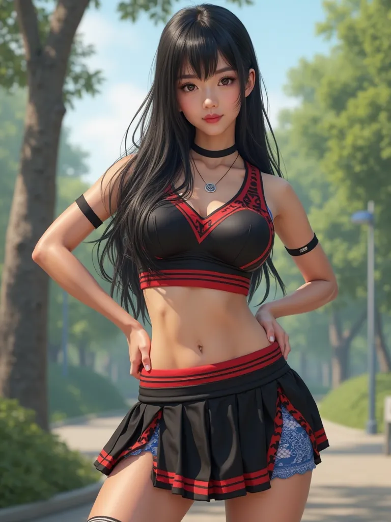 Photorealistic, high resolution, A Japanese Cheerleader named Jade, solo,  makeup, Double D bust. Hips up, (Detailed face),   Black and Red Cheerleader outfit with short pleated skirt. Black hair, Long hair, Skirt opened to reveal Blue lace Panties and thi...