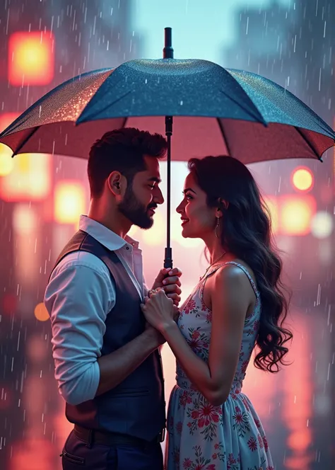 A captivating photorealistic movie poster featuring a young Indian couple in love. The man, with a neatly trimmed beard, dons a modern casual outfit, while the woman showcases her elegance in a floral dress with wavy hair. They stand closely under a stylis...