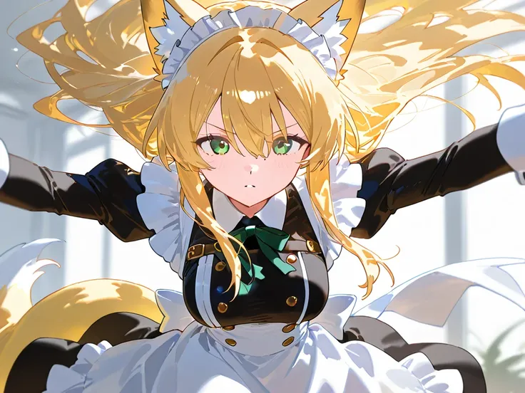 Please draw a two-tailed, golden-haired, breasted, fox-eared maid with green eyes