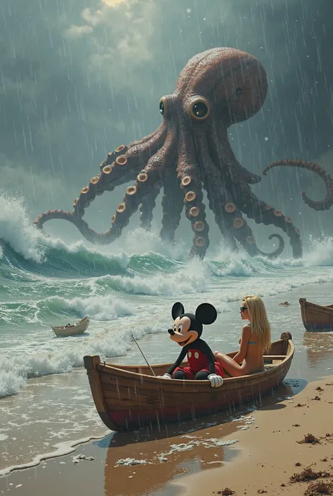 landscape. morning. sea, wave roll, 2 boats on the sandy shore. Mickey Mouse in the same boat, to another Britney Spears. it&#39;s raining, storm. A huge octopus comes out of the water