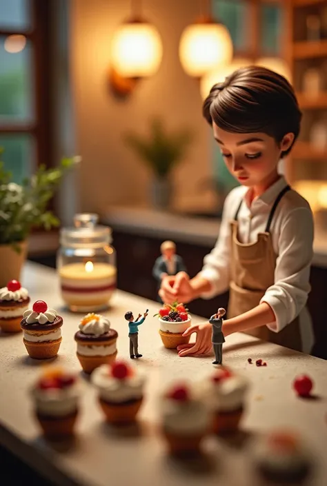 "A sophisticated and elegant scene showcasing the preparation for a new dessert venture, featuring tiny figures in a charming kitchen setting. A tiny figure of a chef, wearing a crisp apron, is carefully assembling mini tiramisu cups with delicate layers o...