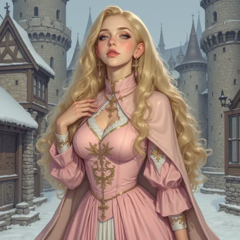 high profile, Digital illustration of a girl in a princess dress, very realistically created,  realistic photo style ,  The character is a pale white woman, , long, Large golden yellow hair that emerged from under the pale pink princess dress, She has eyes...