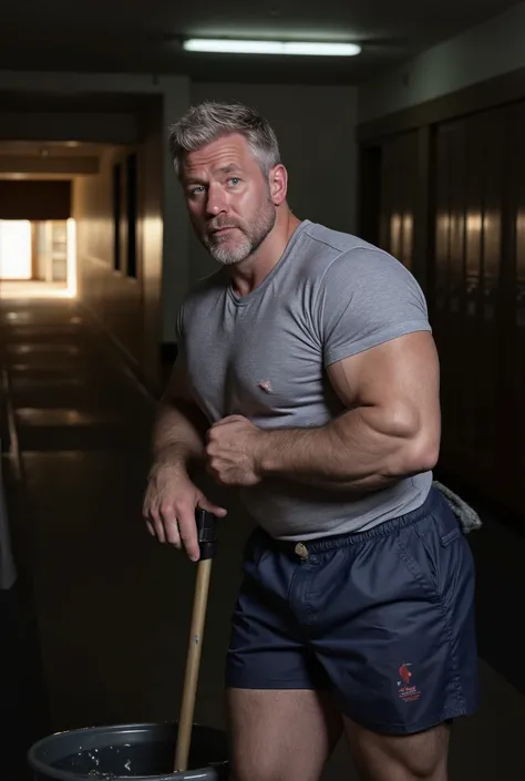 Masterpiece, Accurate, Award Winning, Best Quality, Extremely Detailed, 8K, HD, Super-Resolution, Dynamic Depth of Field, Photorealistic, Full Coloured, Realistic Skin and Hair Texture, ((a 35-year-old, rugged Australian school janitor with sun-kissed fair...