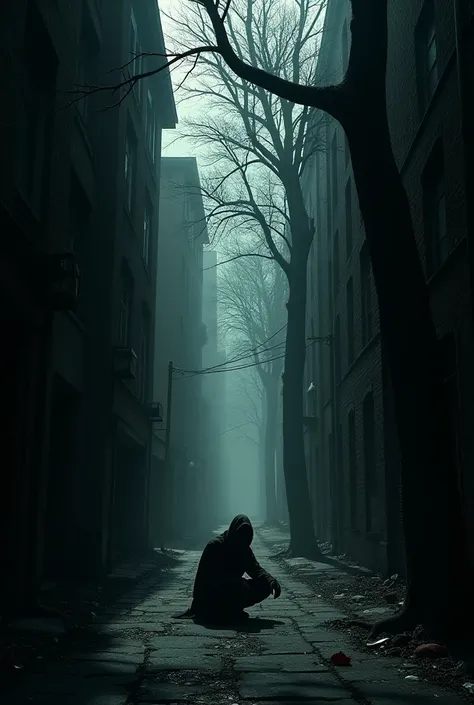 Make a dark shadow street alley with trees and a dark male figure sitting down 