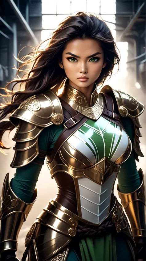 A young, tall, imposing Thai warrior woman, wearing shiny bronze armor that highlights her strong, feminine muscles. Her face is of rare beauty, with elegant features and an expression of determination and strength.
Her skin is a lightly tanned acai brown....