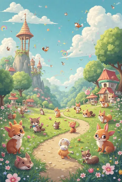 Fantasy world of cute animals work enjoy playing activities 