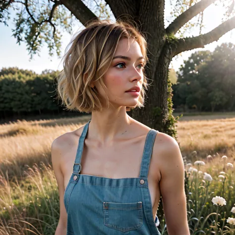 HDR photo of woman, from the side, short blonde hair with light highlights, curly bob haircut, light blue eyes, shirtless, wearing an apron, (freckles:0.4) , holding flowers, early summer morning, looking at the viewer, standing in a grassy field under a t...