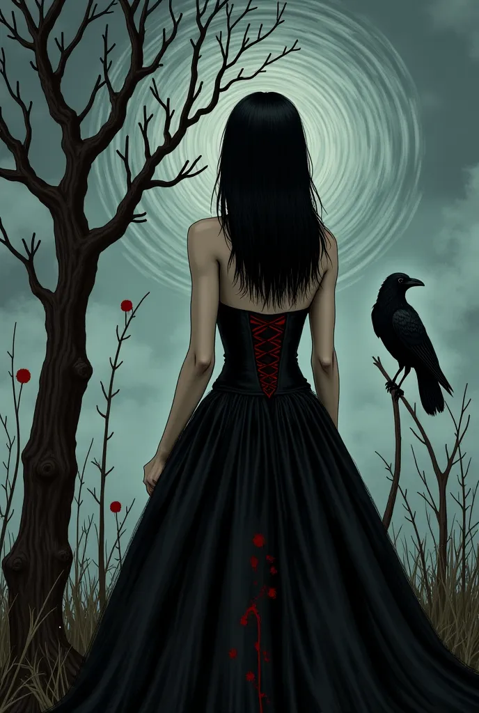 Gothic fairy girl, black straight hair, her dress is low-cut, corseted medieval dress. The sky in the background is a cloudy dark weather made up of many spirals. The atmosphere of a dark, dried forest in places. On the left side of the woman, there is a b...